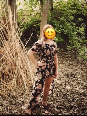 Lily Rose Black Floral Off-Shoulder Romper with Pink and Cream Blossoms